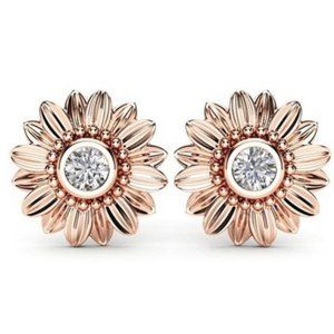 18K Rose Gold Diamond Sunflower Stud Earrings, beautiful Earrings, cute Earrings